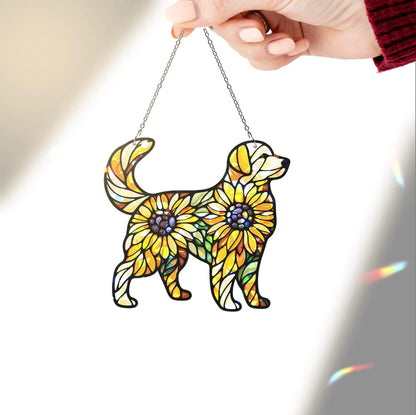 Hologram Sunflower Golden Dog Acrylic Window Hanging