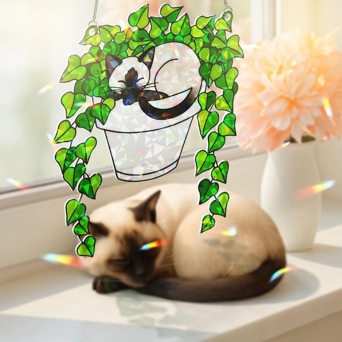 Siamese Cat in Ivy Plant Hologram Acrylic Suncatcher