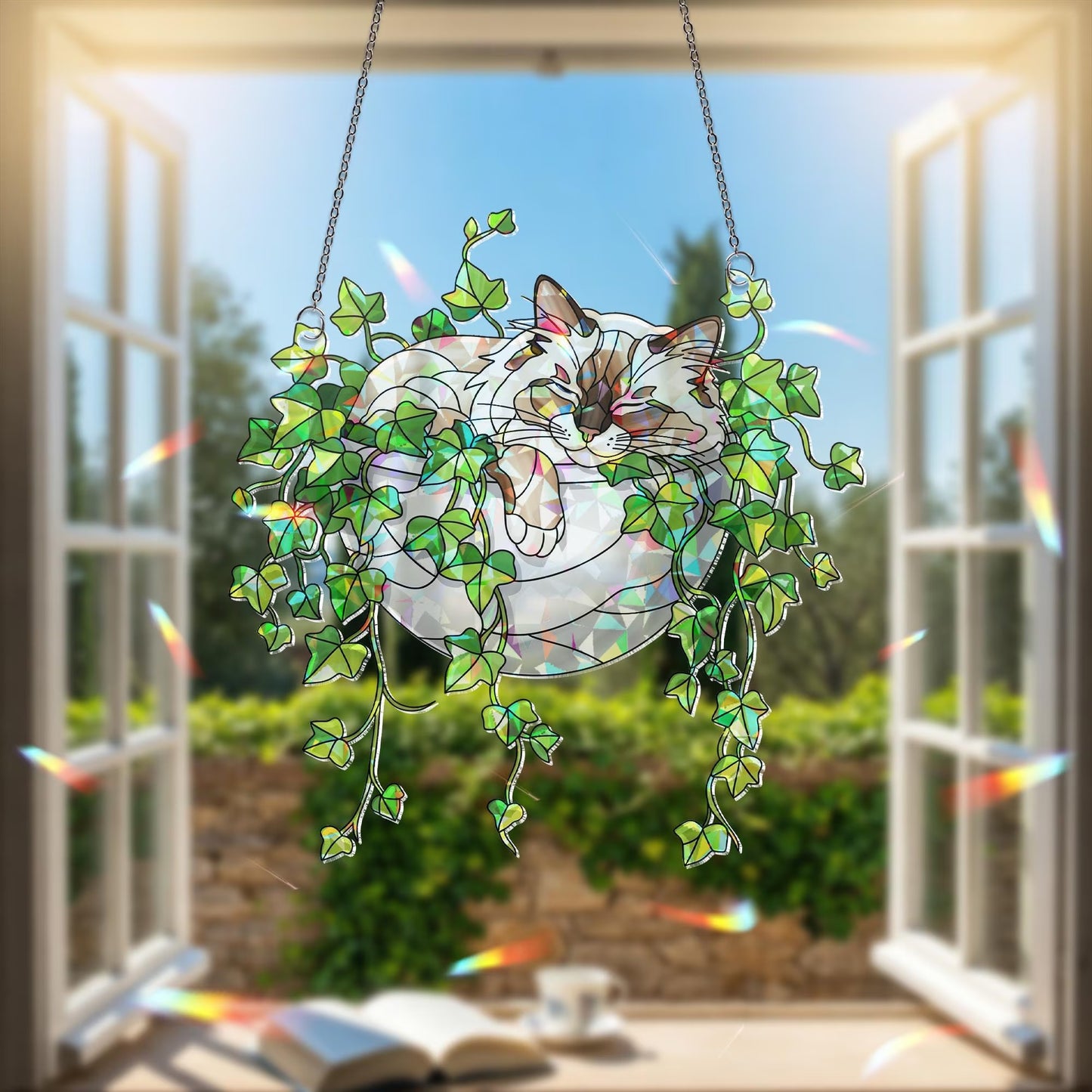 Birman Cat Sleeping on Ivy Hologram Acrylic Suncatcher