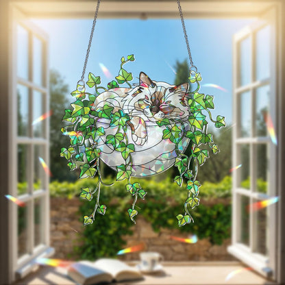 Birman Cat Sleeping on Ivy Hologram Acrylic Suncatcher