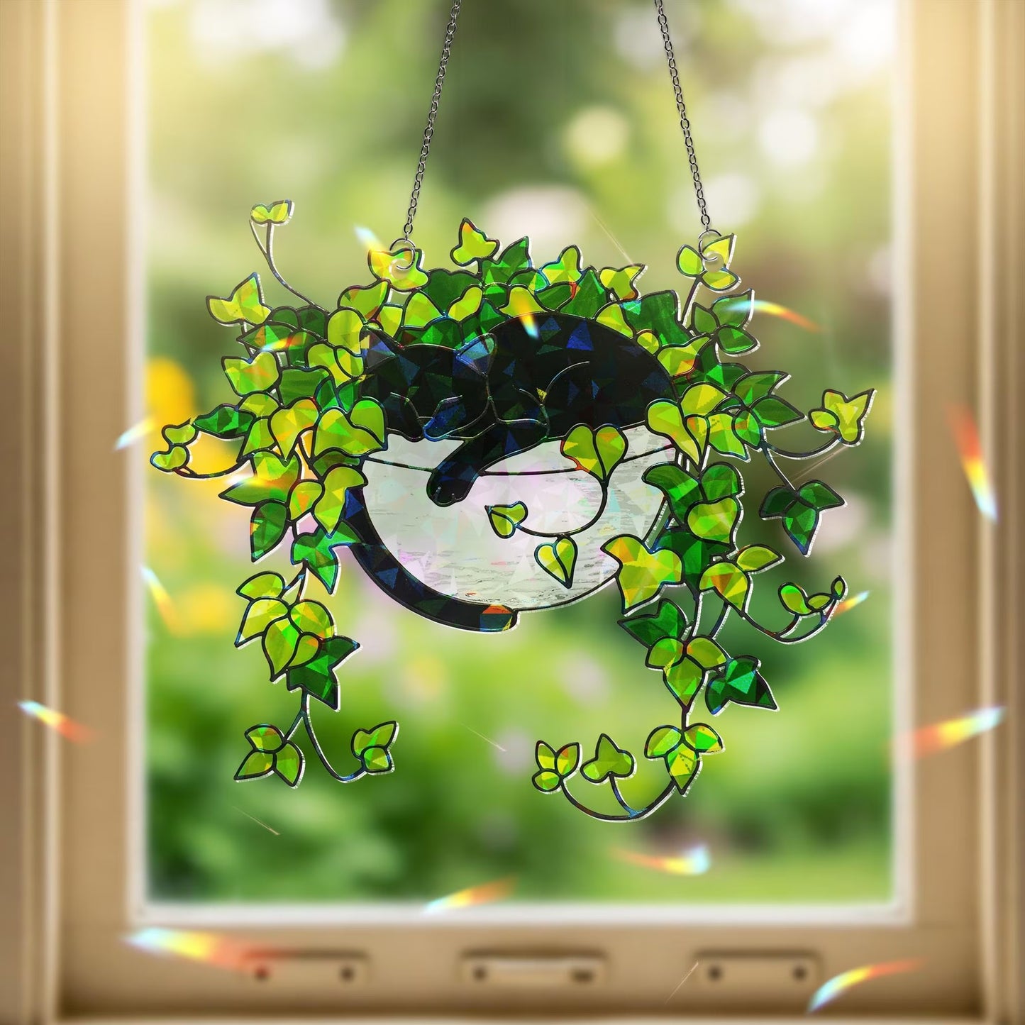 Black Cat Sleeping on Ivy Hologram Acrylic Suncatcher