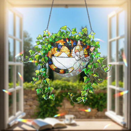 Calico Cat Sleeping on Ivy Hologram Acrylic Suncatcher