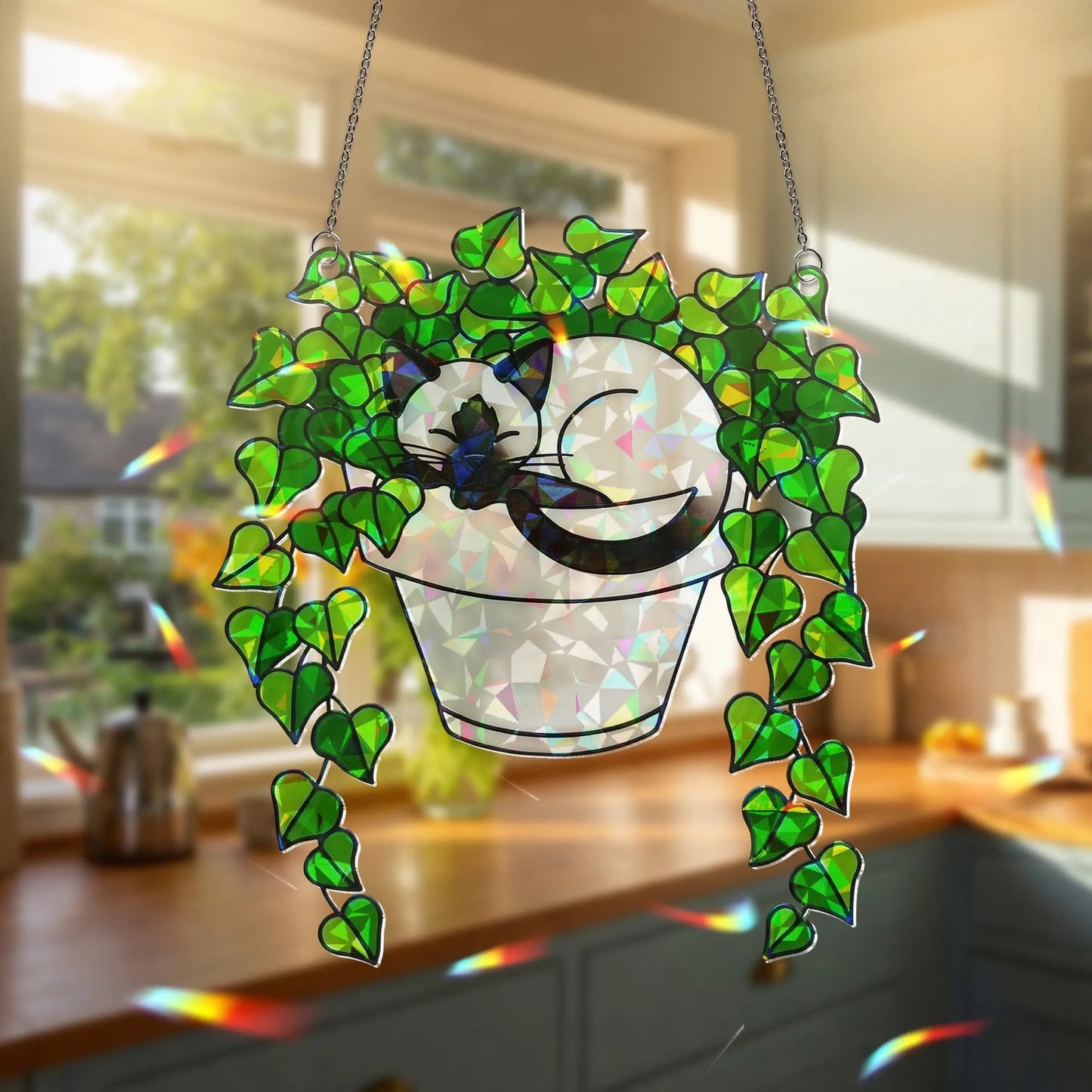 Siamese Cat in Ivy Plant Hologram Acrylic Suncatcher