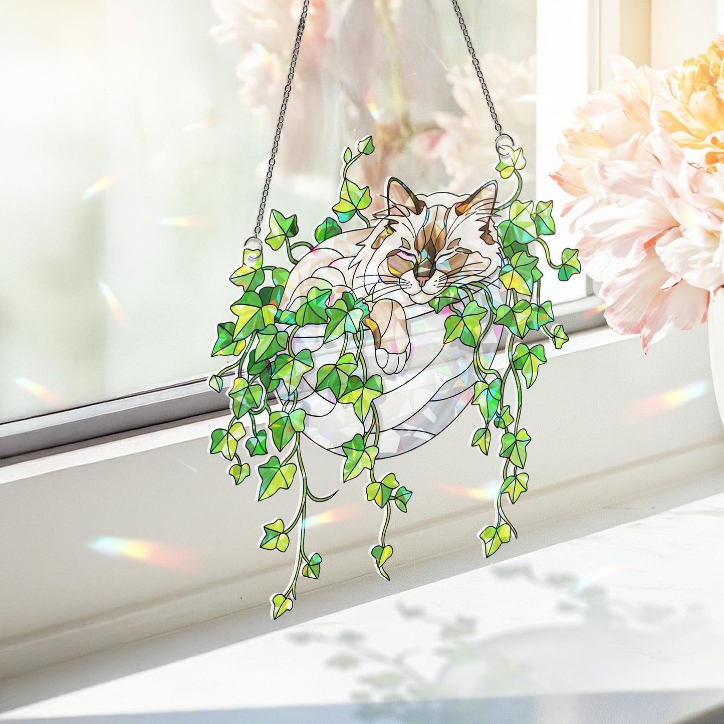 Birman Cat Sleeping on Ivy Hologram Acrylic Suncatcher