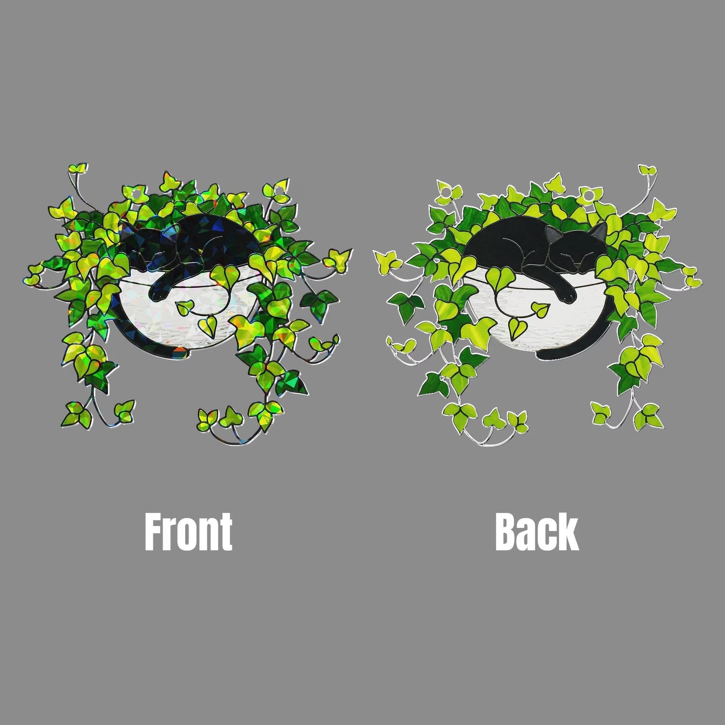 Black Cat Sleeping on Ivy Hologram Acrylic Suncatcher