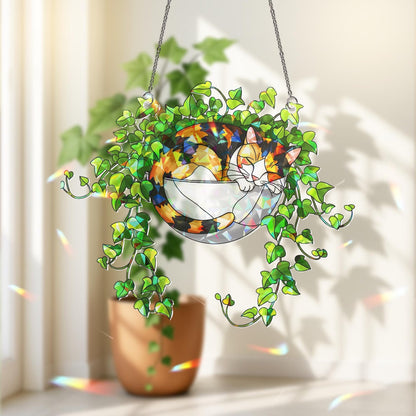 Calico Cat Sleeping on Ivy Hologram Acrylic Suncatcher