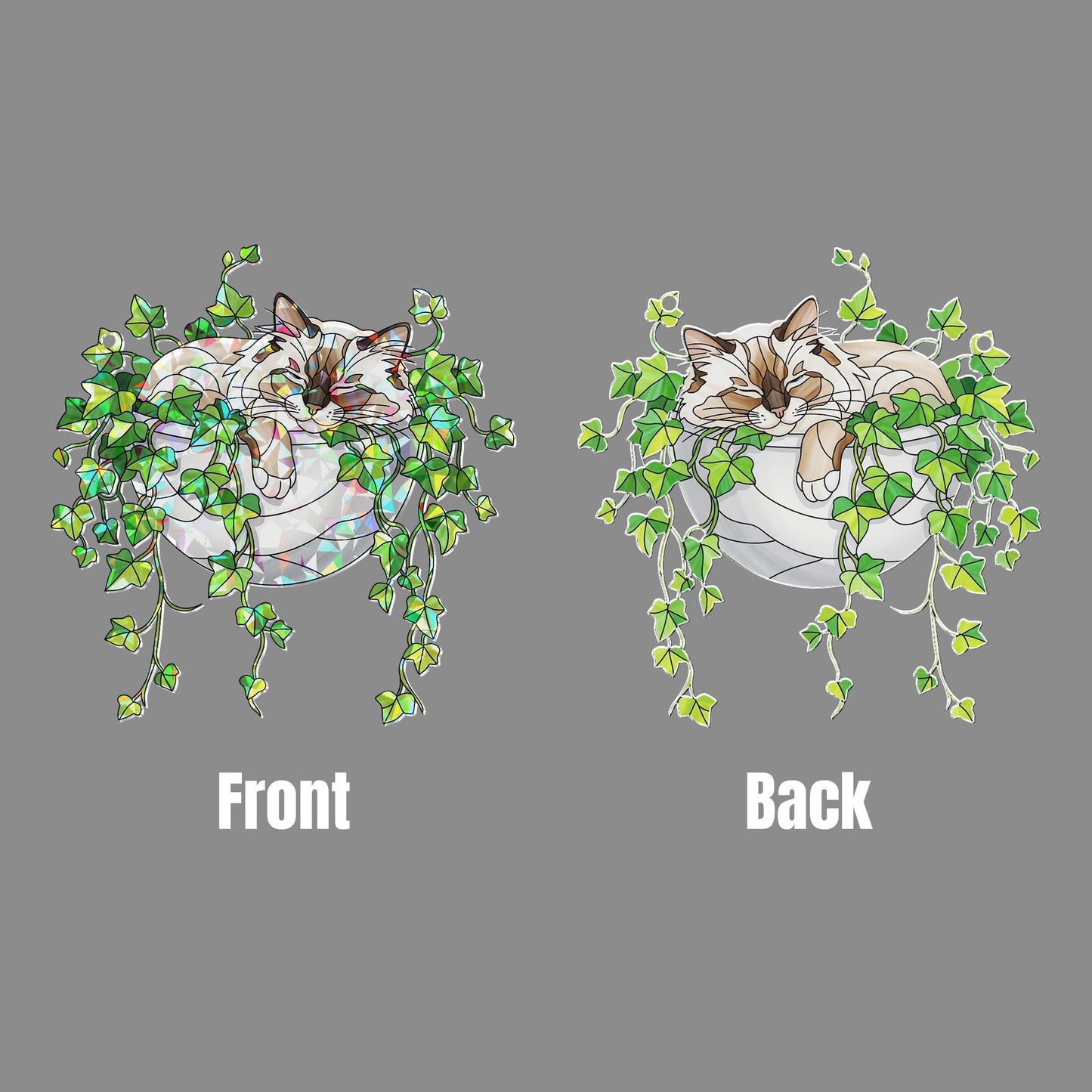 Birman Cat Sleeping on Ivy Hologram Acrylic Suncatcher