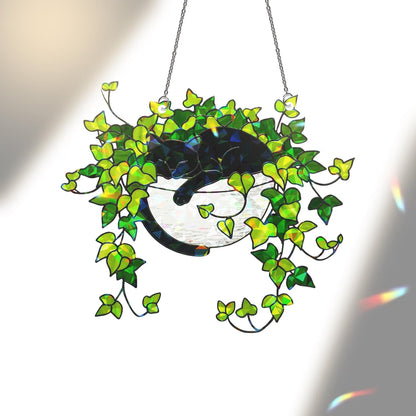 Black Cat Sleeping on Ivy Hologram Acrylic Suncatcher