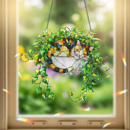 Calico Cat Sleeping on Ivy Hologram Acrylic Suncatcher