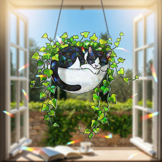 Tuxedo Cat Sleeping on Ivy Hologram Acrylic Suncatcher