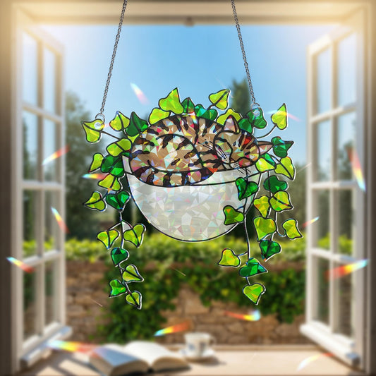 Tabby Cat Sleeping on Ivy Hologram Acrylic Suncatcher