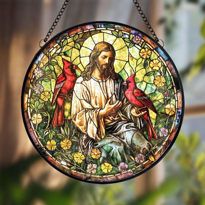 Jesus With Cardinals Stained Glass Suncatcher