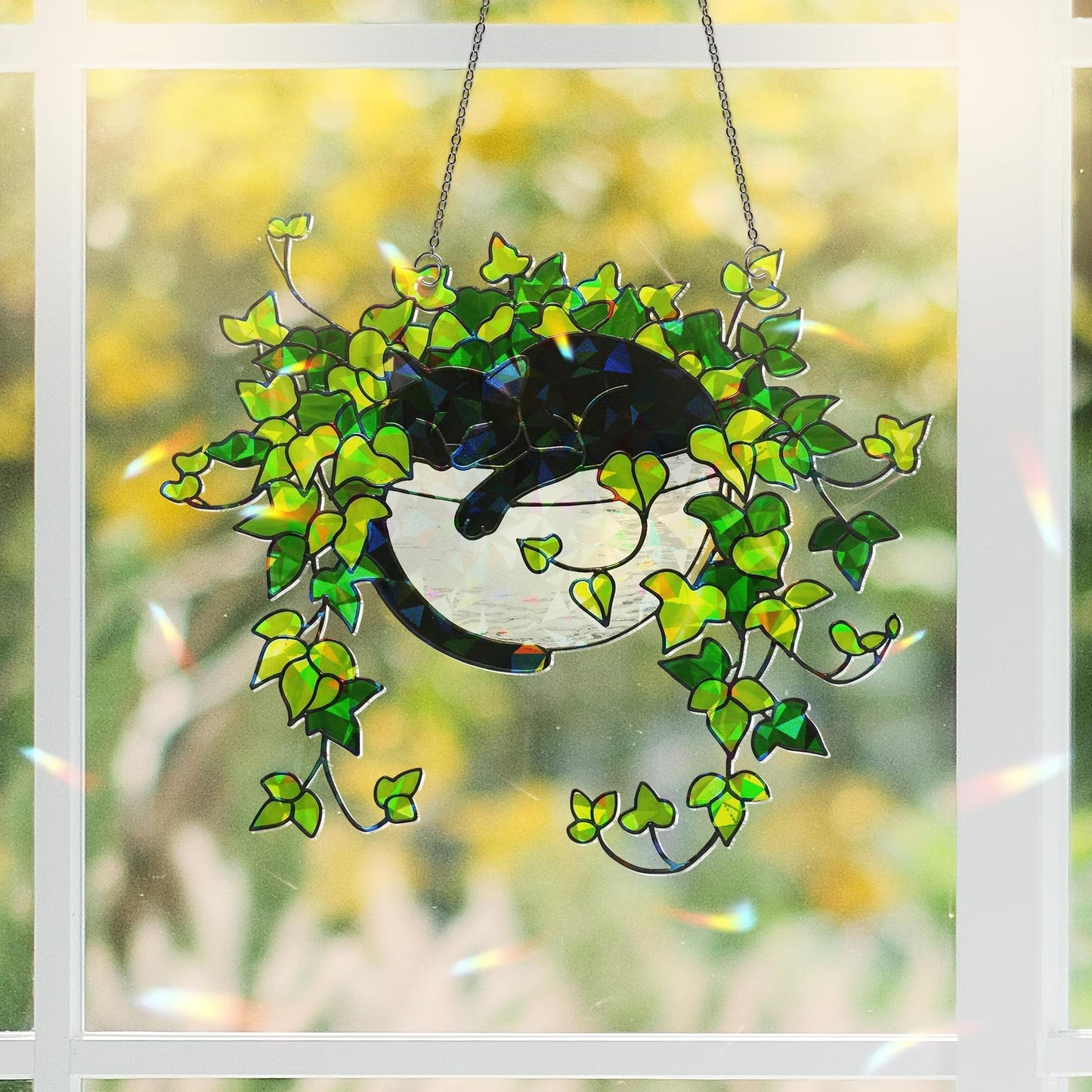 Black Cat Sleeping on Ivy Hologram Acrylic Suncatcher