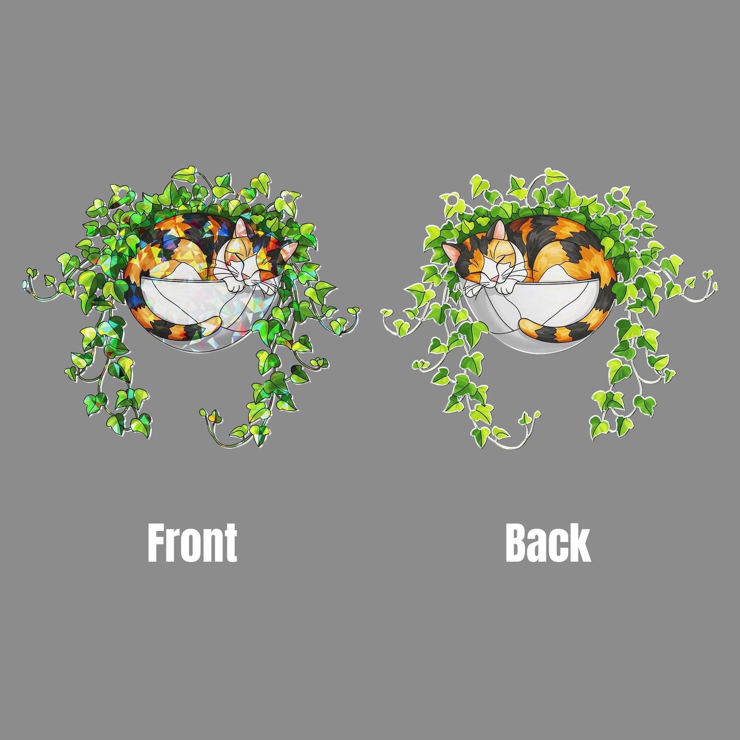 Calico Cat Sleeping on Ivy Hologram Acrylic Suncatcher