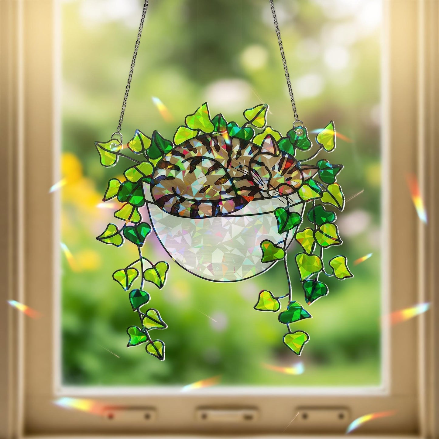 Tabby Cat Sleeping on Ivy Hologram Acrylic Suncatcher