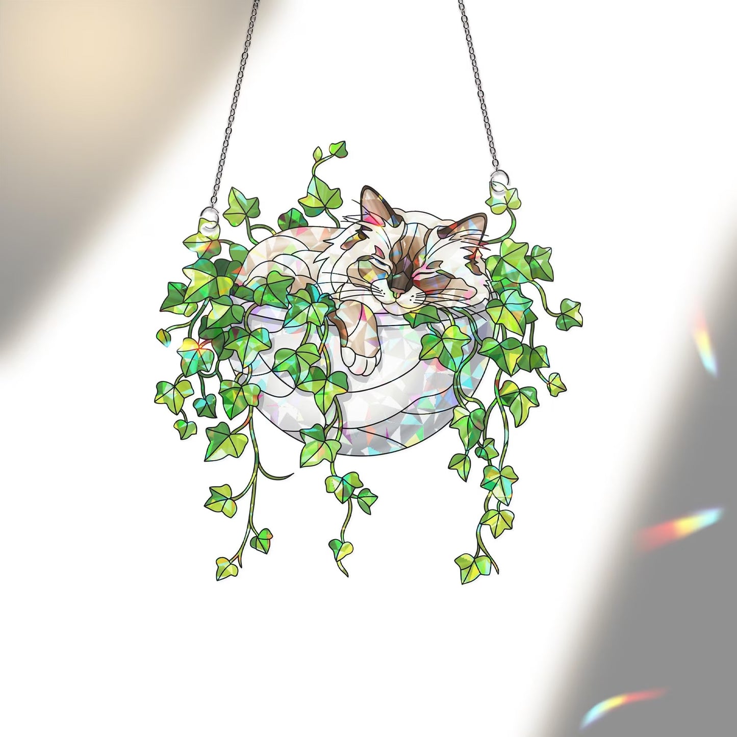 Birman Cat Sleeping on Ivy Hologram Acrylic Suncatcher