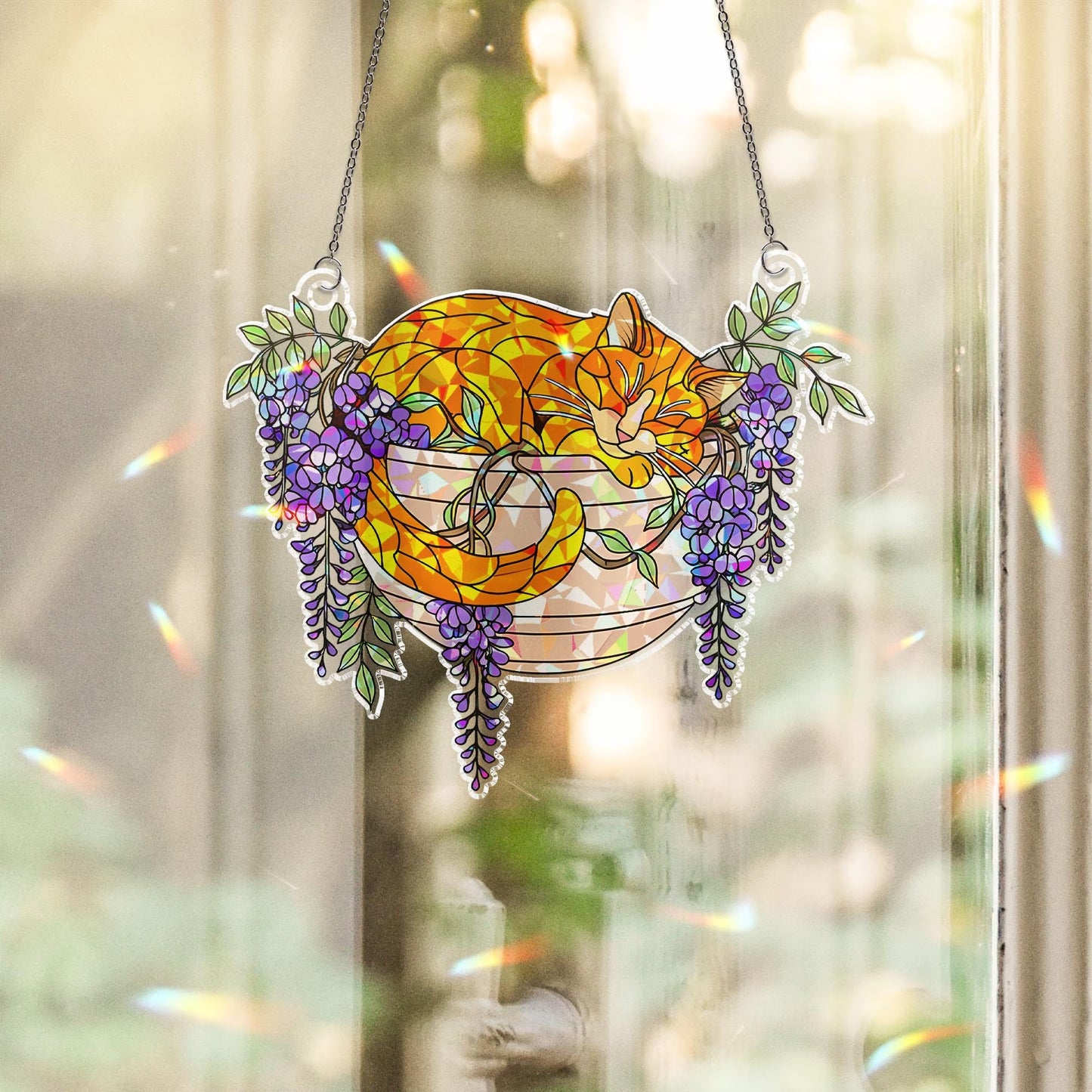 Orange Cat With Wisteria Flowers Hologram Acrylic Suncatcher