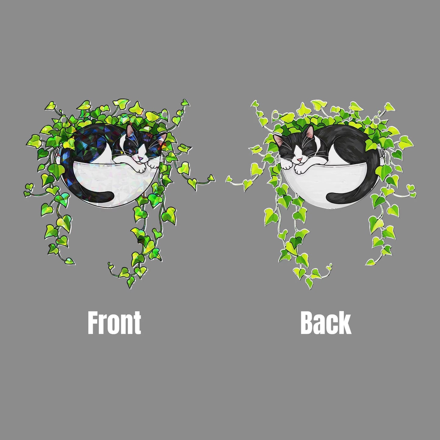 Tuxedo Cat Sleeping on Ivy Hologram Acrylic Suncatcher