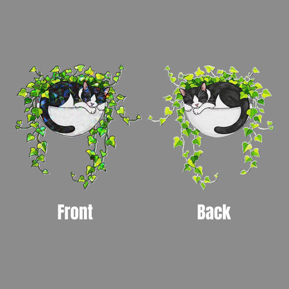 Tuxedo Cat Sleeping on Ivy Hologram Acrylic Suncatcher