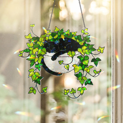 Black Cat Sleeping on Ivy Hologram Acrylic Suncatcher