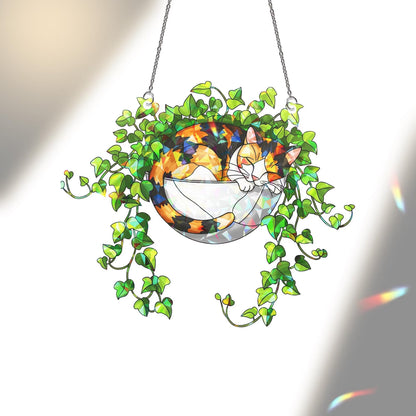Calico Cat Sleeping on Ivy Hologram Acrylic Suncatcher