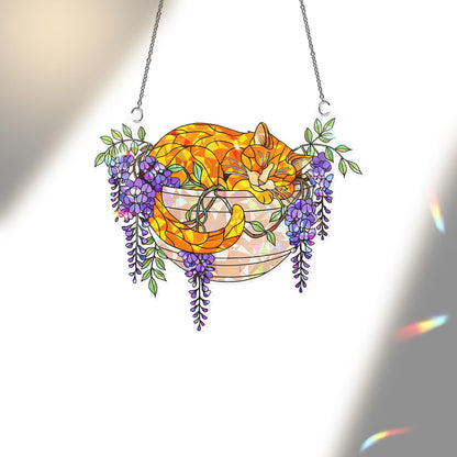Orange Cat With Wisteria Flowers Hologram Acrylic Suncatcher
