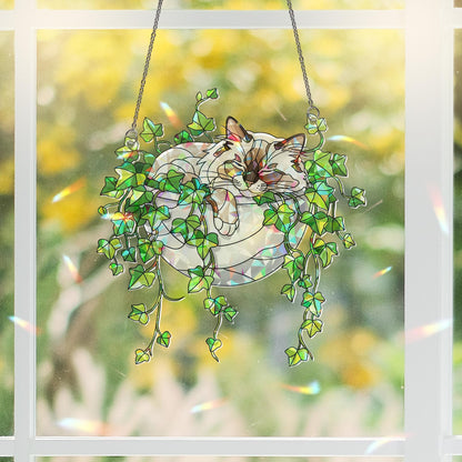 Birman Cat Sleeping on Ivy Hologram Acrylic Suncatcher