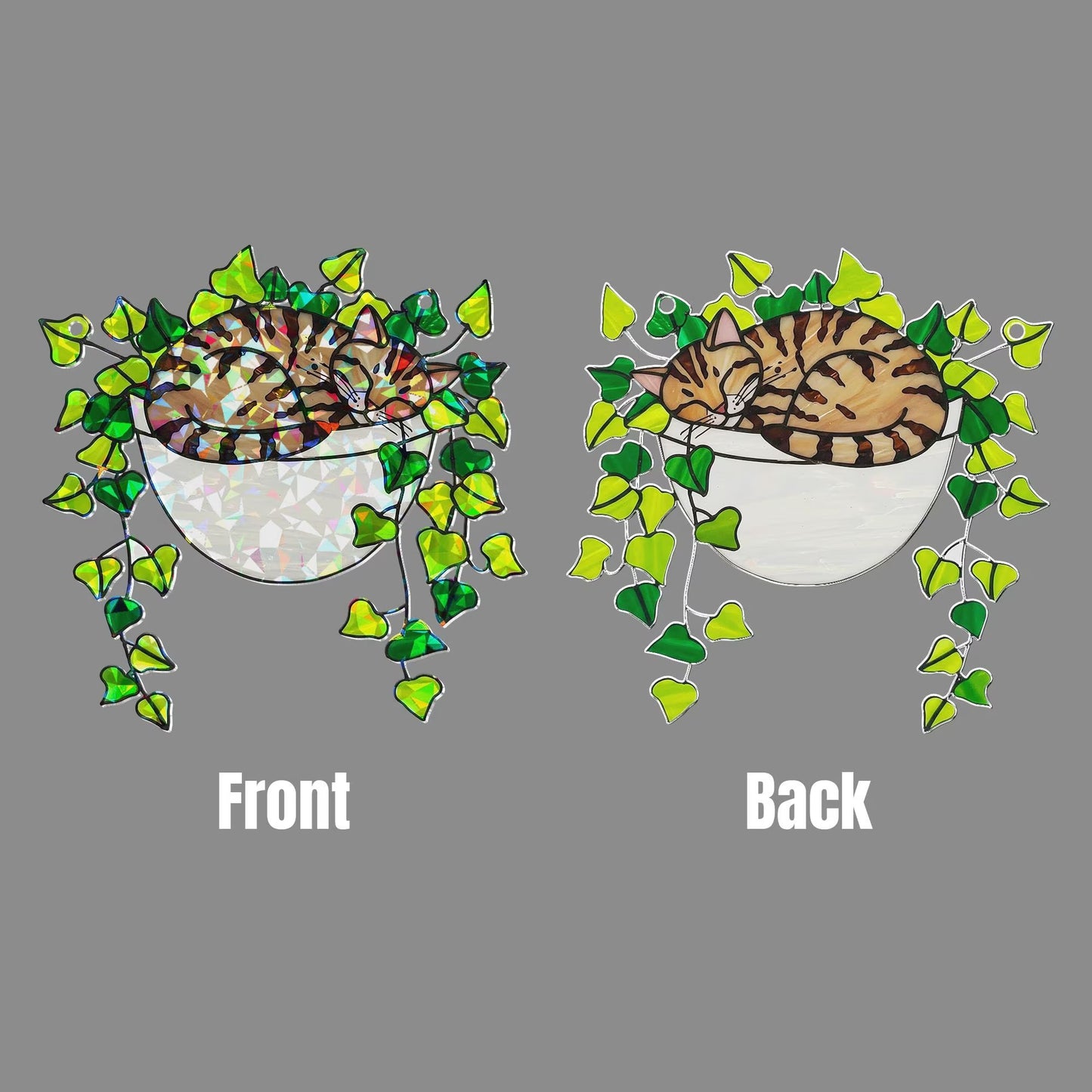 Tabby Cat Sleeping on Ivy Hologram Acrylic Suncatcher