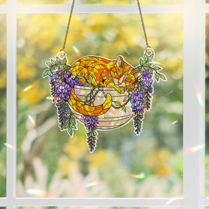 Orange Cat With Wisteria Flowers Hologram Acrylic Suncatcher