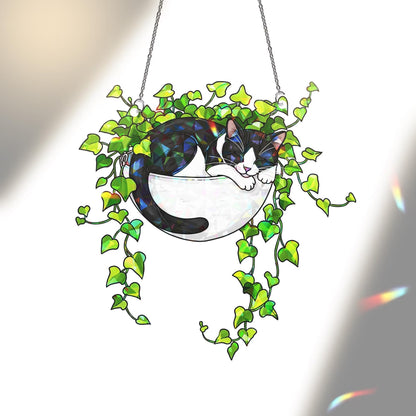 Tuxedo Cat Sleeping on Ivy Hologram Acrylic Suncatcher