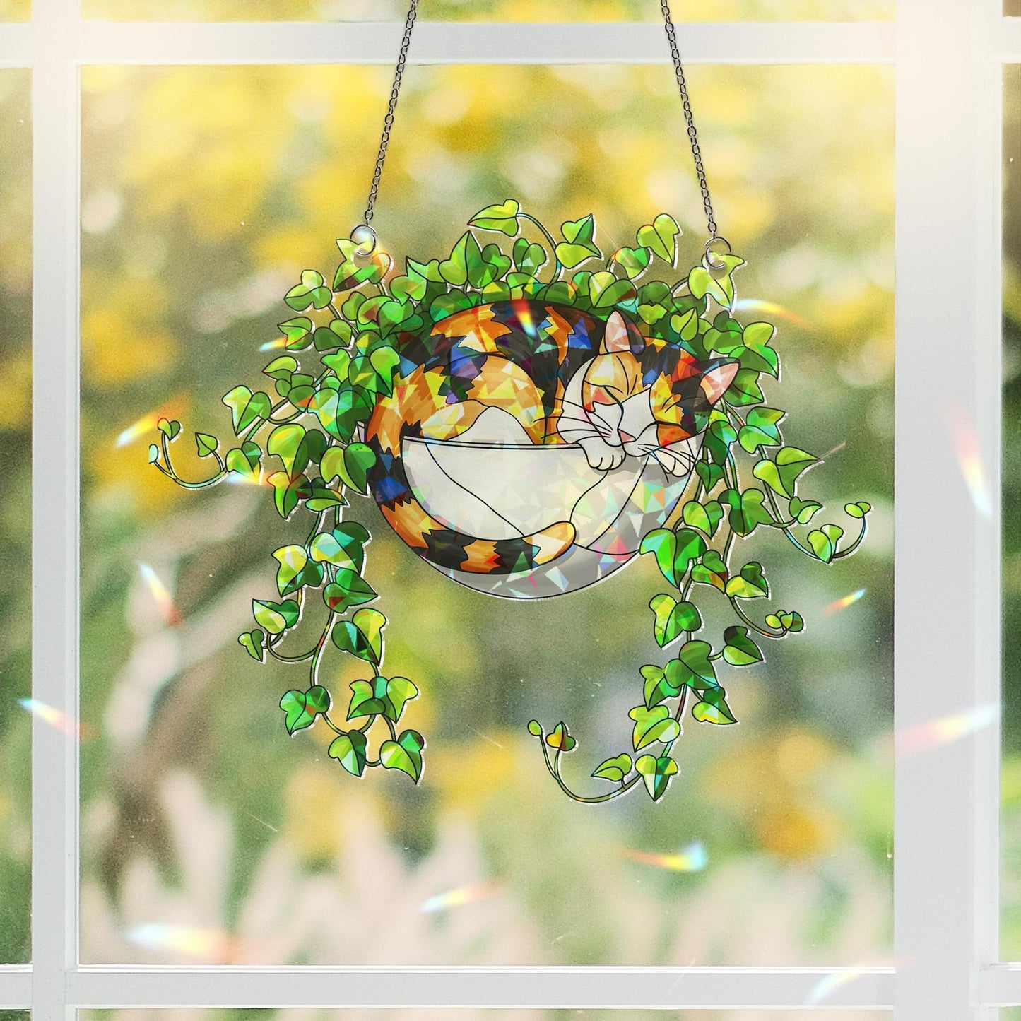 Calico Cat Sleeping on Ivy Hologram Acrylic Suncatcher