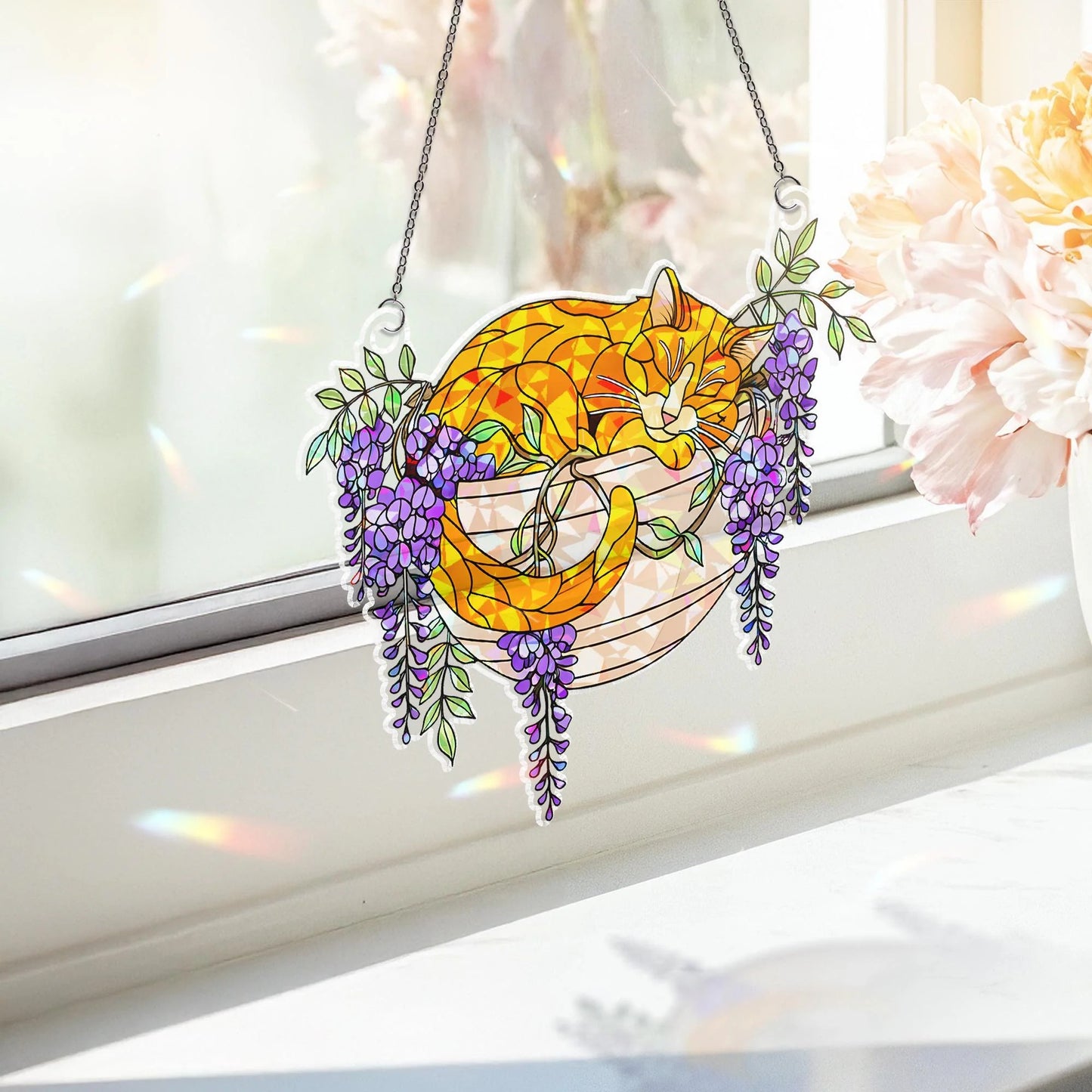 Orange Cat With Wisteria Flowers Hologram Acrylic Suncatcher