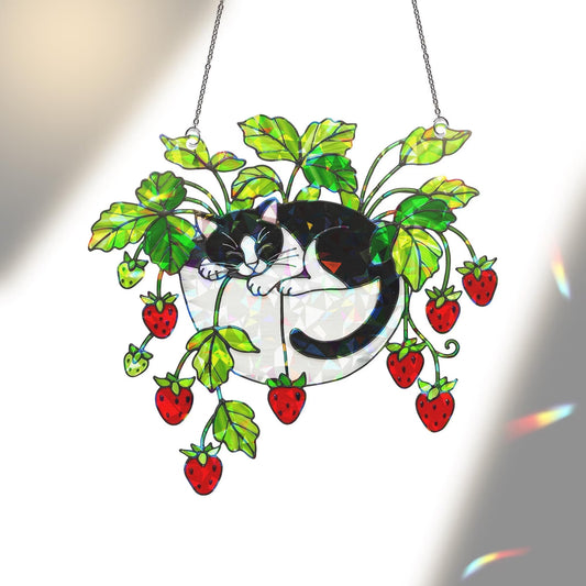 Tuxedo Cat Strawberry Hologram Acrylic Suncatcher