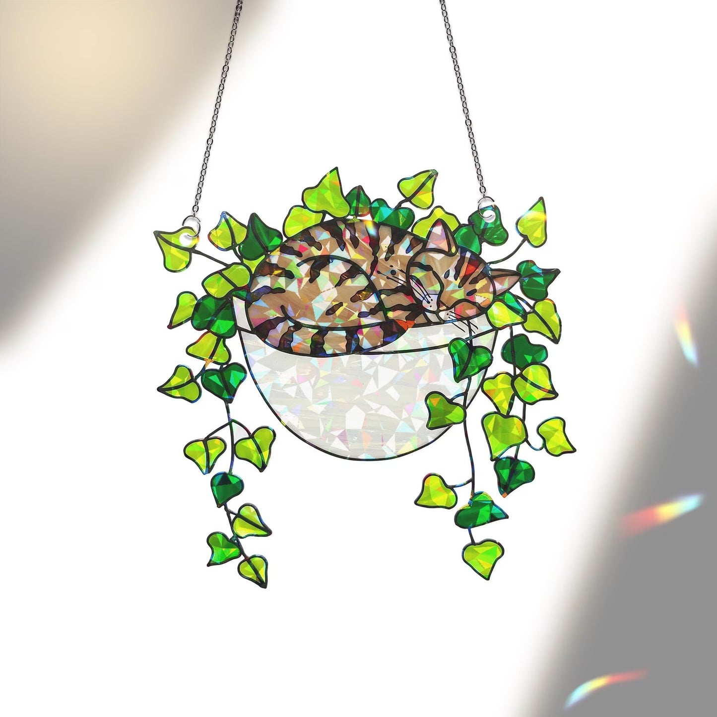 Tabby Cat Sleeping on Ivy Hologram Acrylic Suncatcher