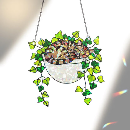 Tabby Cat Sleeping on Ivy Hologram Acrylic Suncatcher