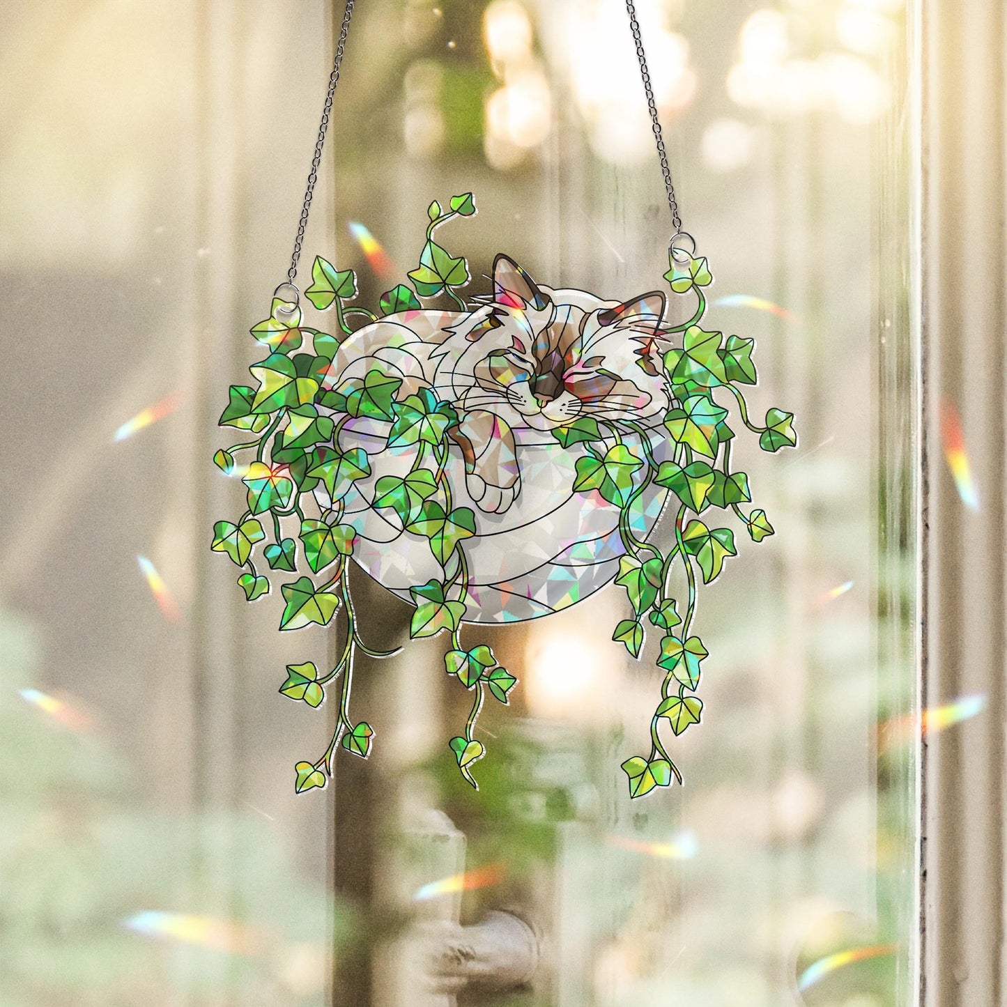 Birman Cat Sleeping on Ivy Hologram Acrylic Suncatcher