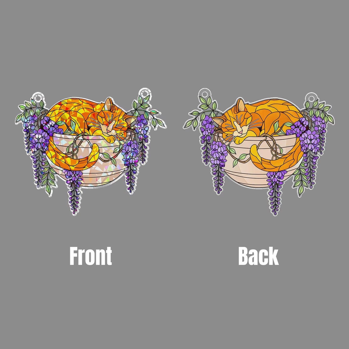 Orange Cat With Wisteria Flowers Hologram Acrylic Suncatcher