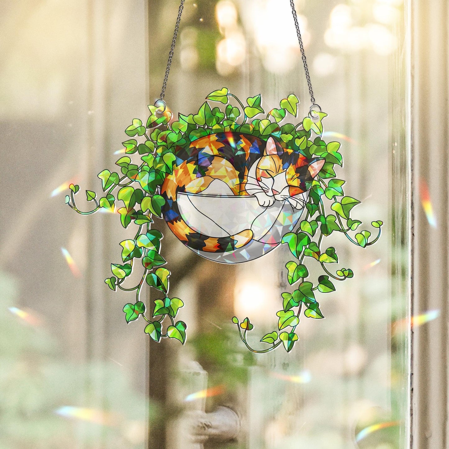 Calico Cat Sleeping on Ivy Hologram Acrylic Suncatcher