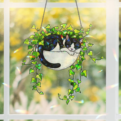 Tuxedo Cat Sleeping on Ivy Hologram Acrylic Suncatcher