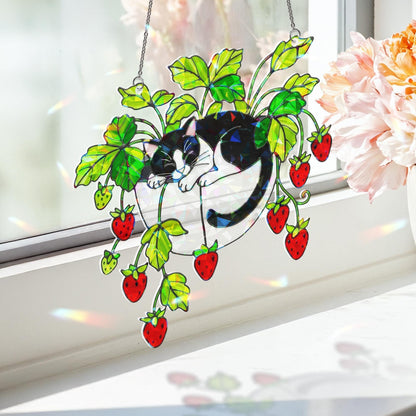 Tuxedo Cat Strawberry Hologram Acrylic Suncatcher