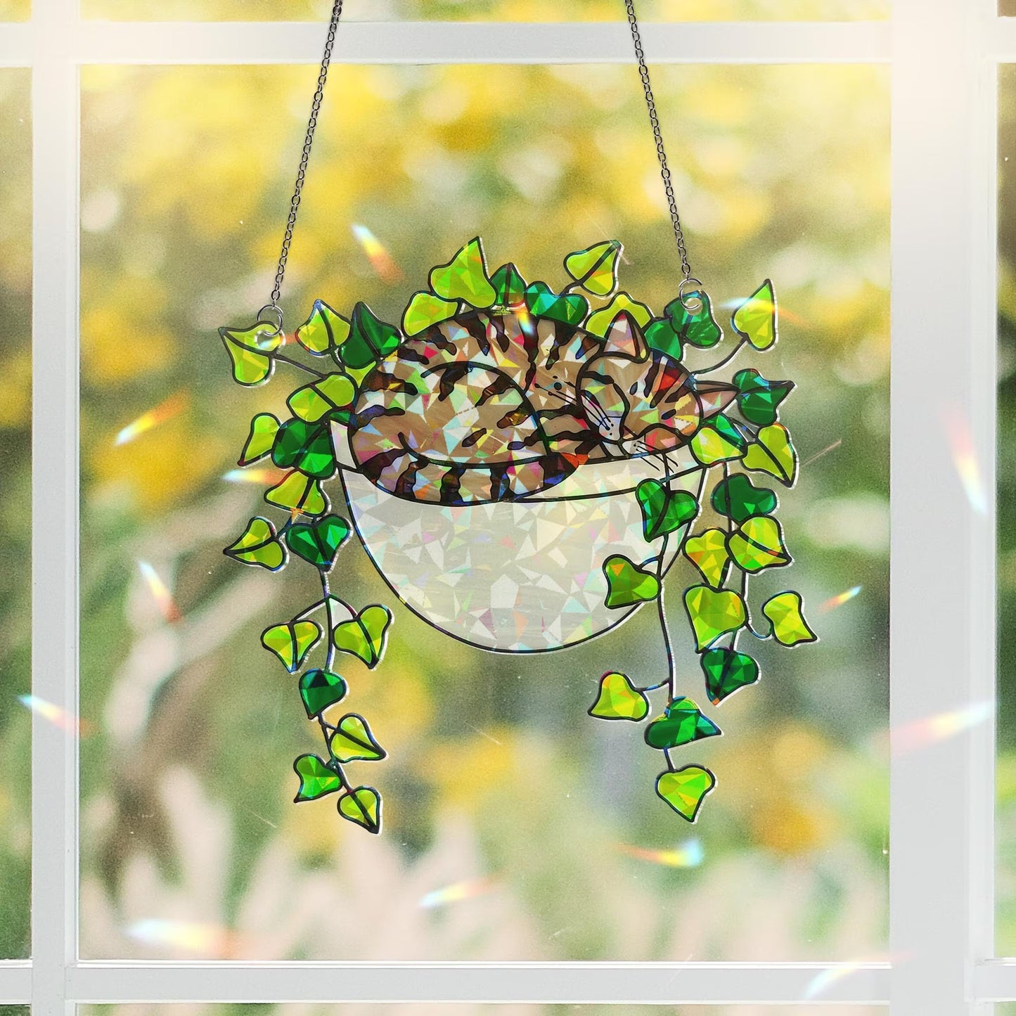 Tabby Cat Sleeping on Ivy Hologram Acrylic Suncatcher