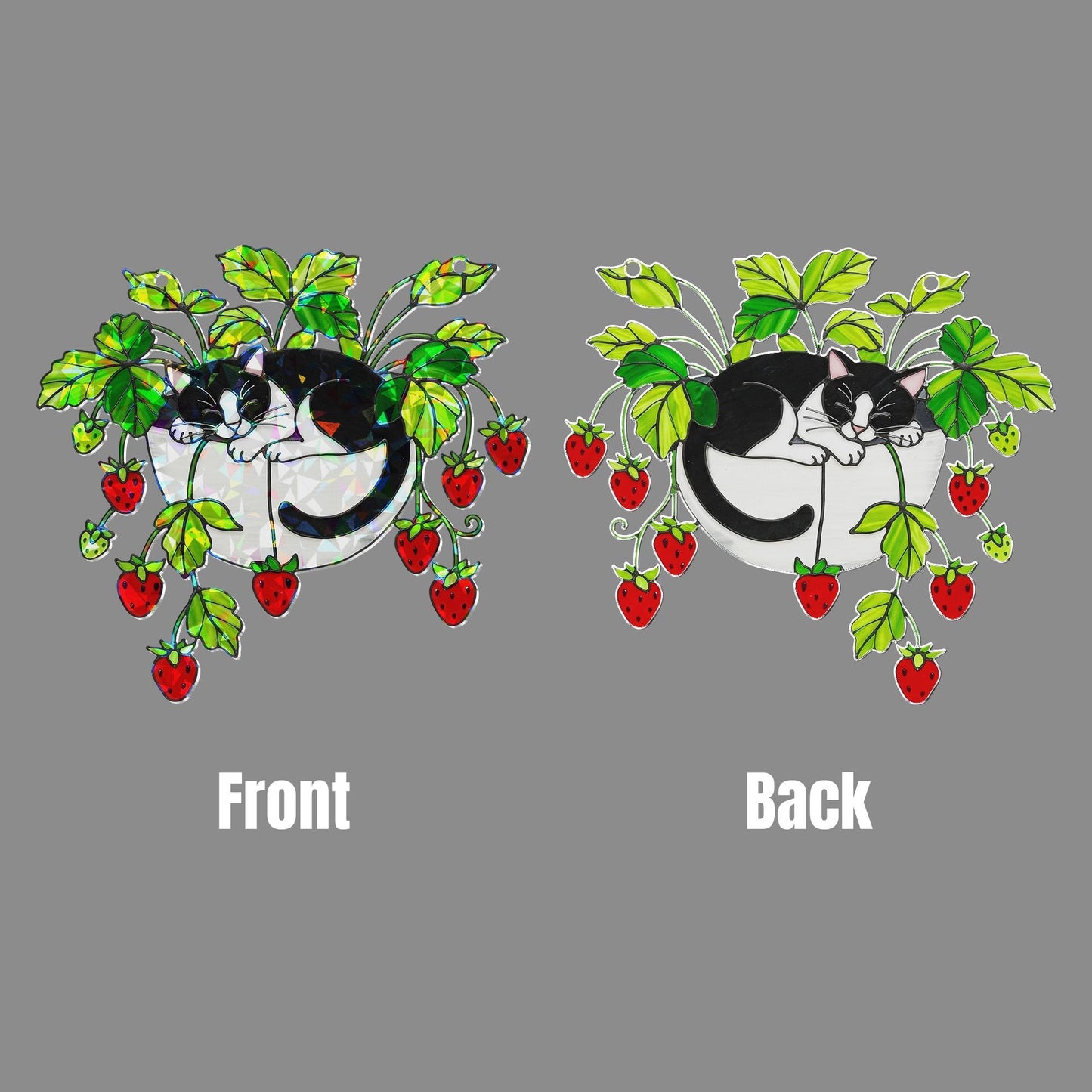 Tuxedo Cat Strawberry Hologram Acrylic Suncatcher
