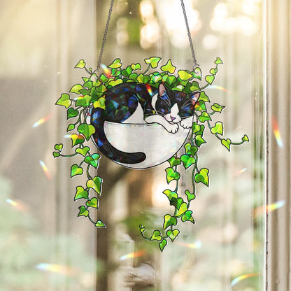 Tuxedo Cat Sleeping on Ivy Hologram Acrylic Suncatcher