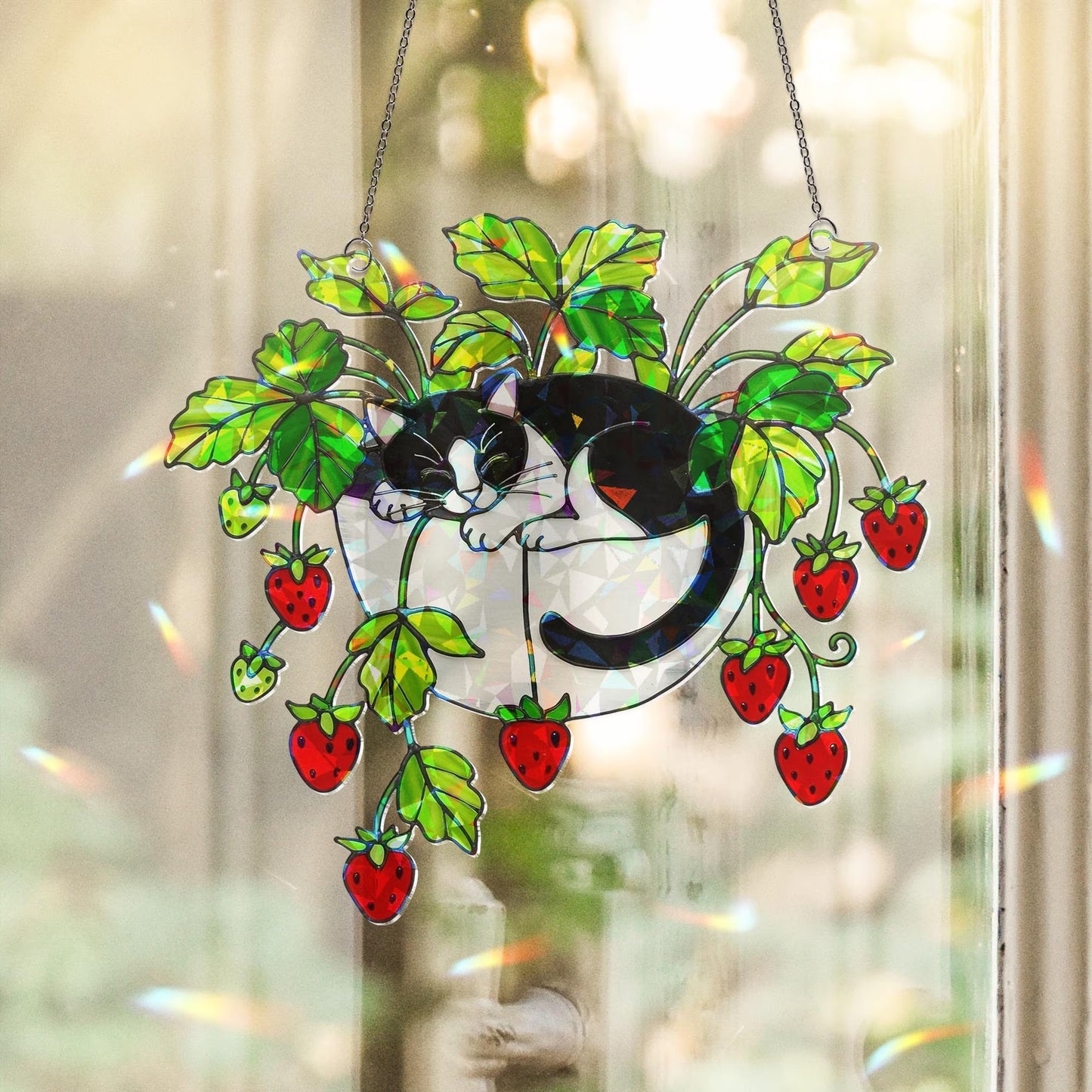 Tuxedo Cat Strawberry Hologram Acrylic Suncatcher