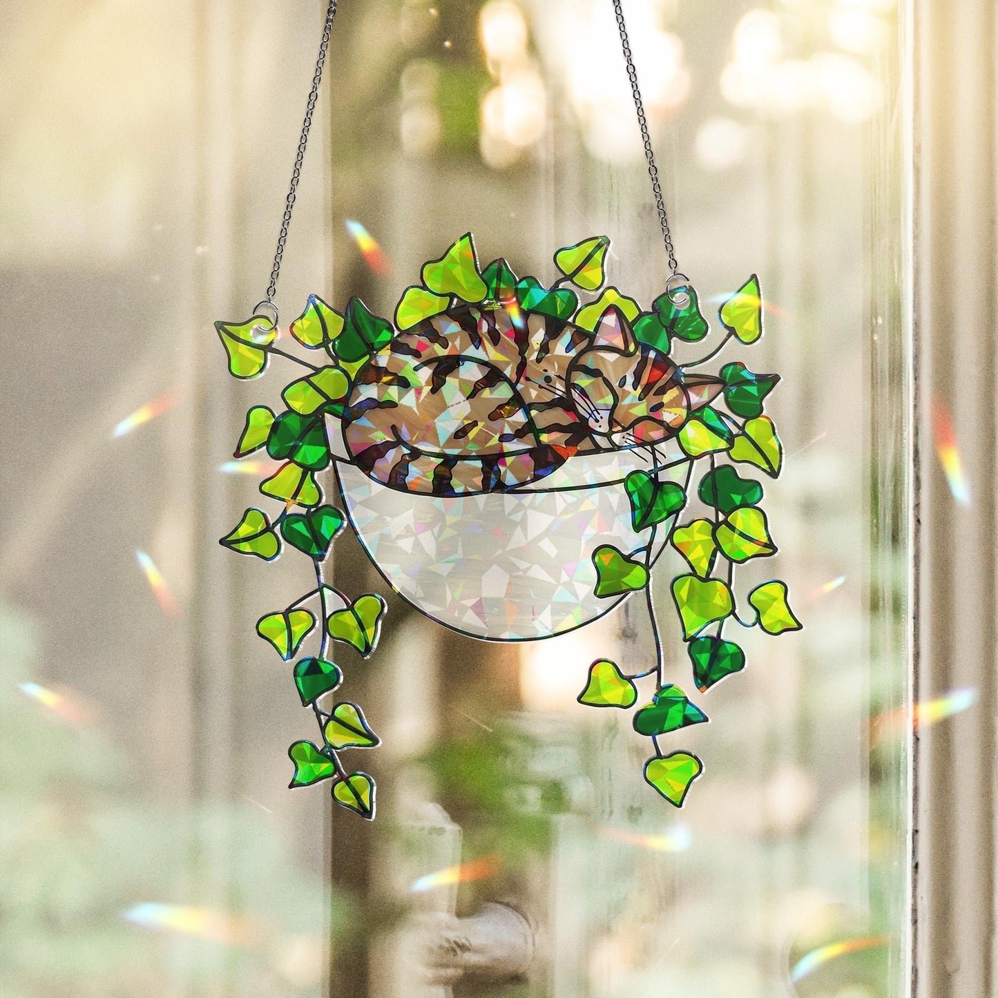 Tabby Cat Sleeping on Ivy Hologram Acrylic Suncatcher