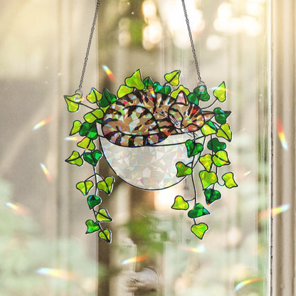 Tabby Cat Sleeping on Ivy Hologram Acrylic Suncatcher