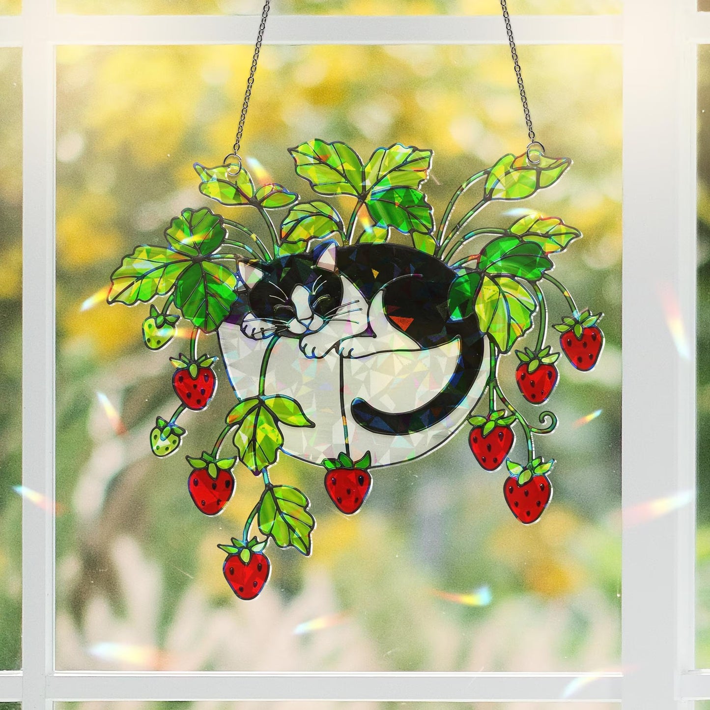 Tuxedo Cat Strawberry Hologram Acrylic Suncatcher