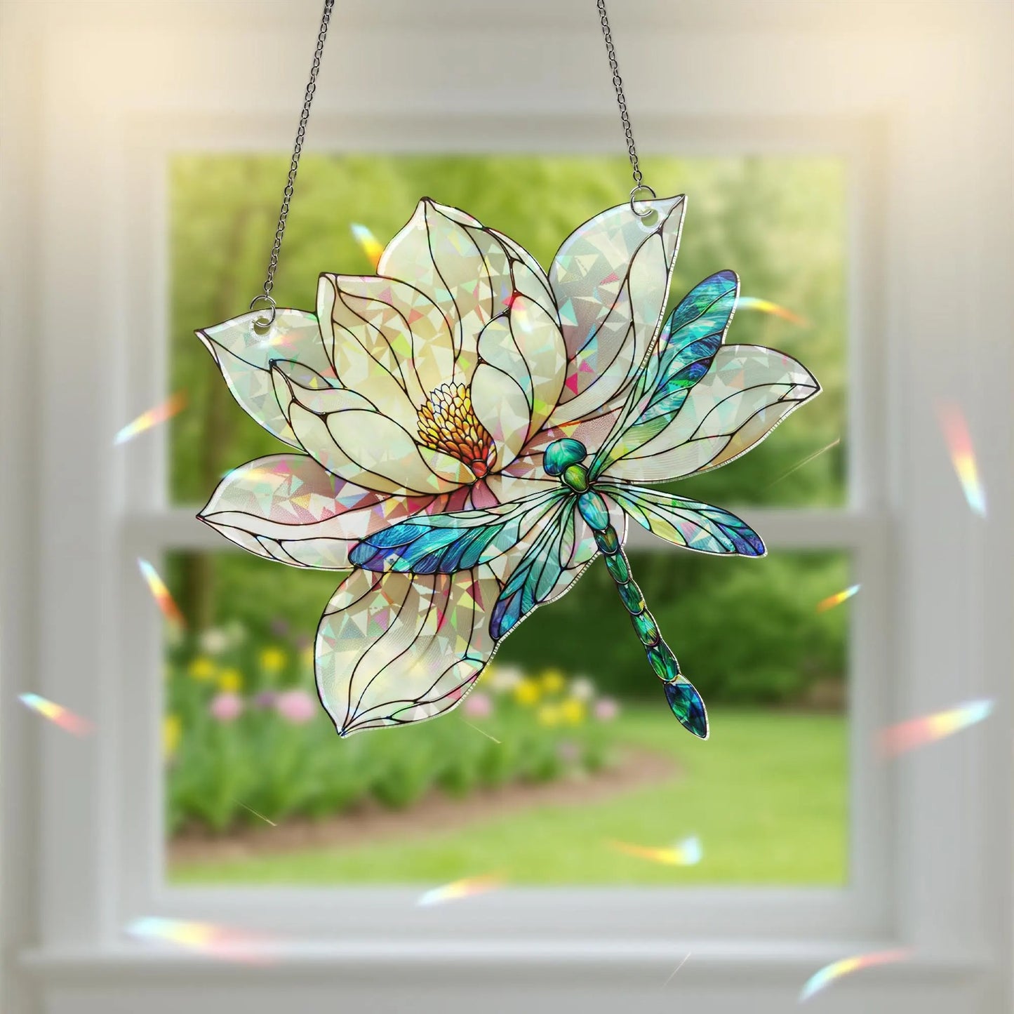 Dragonfly & Lilypad Holographic Acrylic Suncatcher