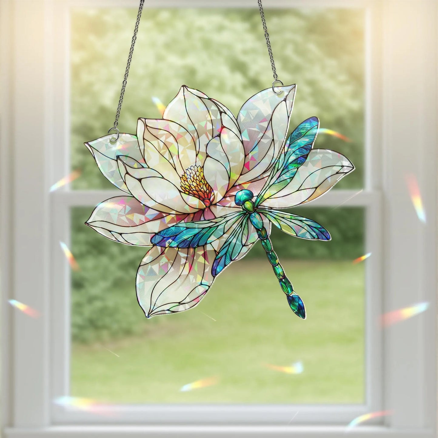 Dragonfly & Lilypad Holographic Acrylic Suncatcher