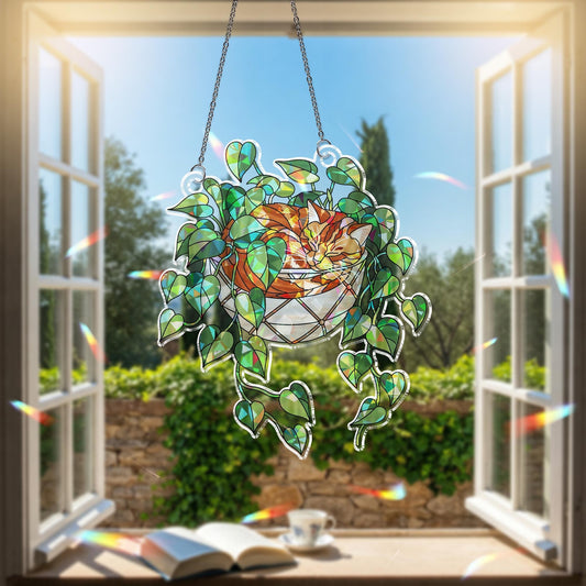 Orange Cat Sleeping on Philodendron Hologram Acrylic Suncatcher
